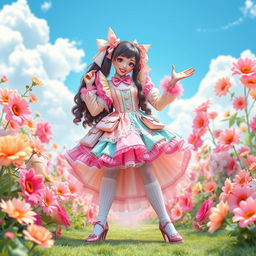 A beautifully styled character dressed in extravagant sissy fashion, complete with colorful, frilly fabrics that showcase a mix of pastel colors