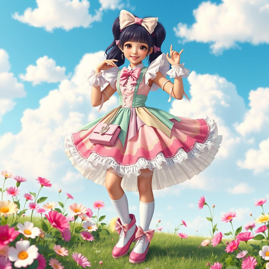 A beautifully styled character dressed in extravagant sissy fashion, complete with colorful, frilly fabrics that showcase a mix of pastel colors