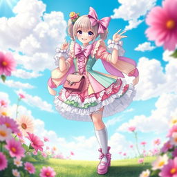 A beautifully styled character dressed in extravagant sissy fashion, complete with colorful, frilly fabrics that showcase a mix of pastel colors