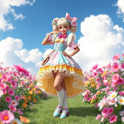 A beautifully styled character dressed in extravagant sissy fashion, complete with colorful, frilly fabrics that showcase a mix of pastel colors