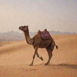 A camel flying in the desert, reciting a poem, with radiant beauty.