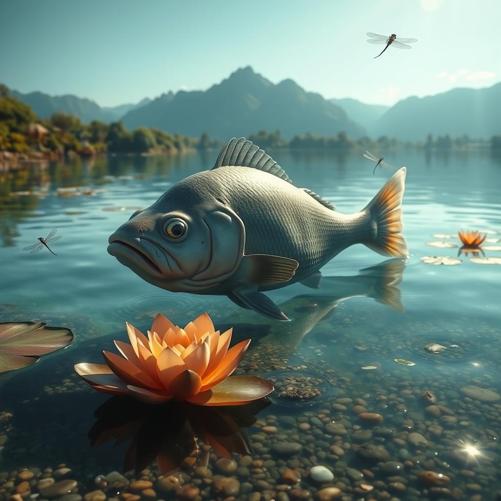 A melancholic scene depicting a large, sad fish swimming alone in a serene lagoon