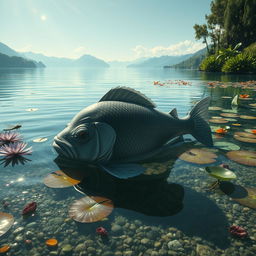 A melancholic scene depicting a large, sad fish swimming alone in a serene lagoon