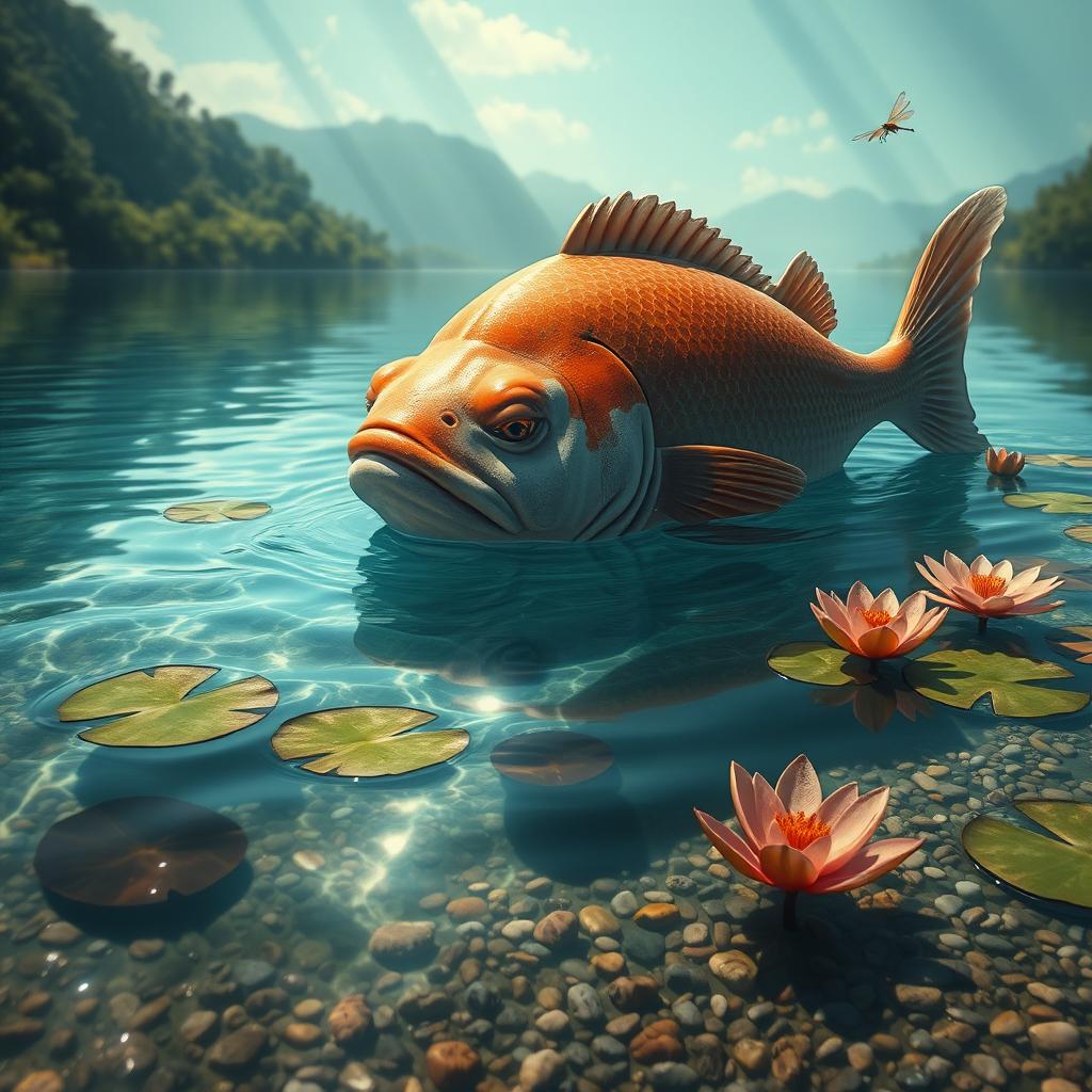 A melancholic scene depicting a large, sad fish swimming alone in a serene lagoon