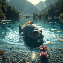 A melancholic scene depicting a large, sad fish swimming alone in a serene lagoon