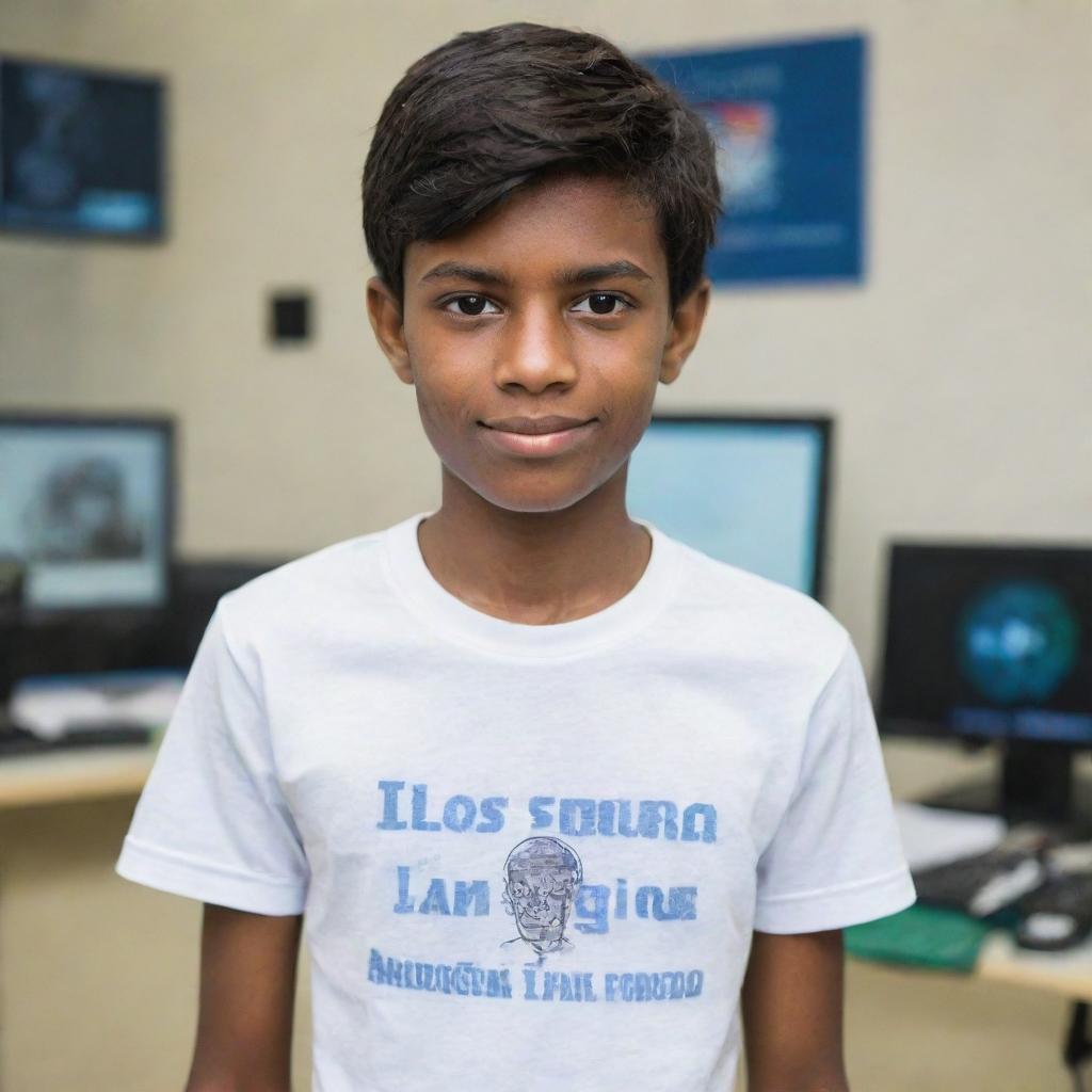 A 14-year-old dapper looking boy, sharply dressed in a T-shirt with the phrase 'I am Senura Angelo Dias. I love electronics' emblazoned on the back, deeply engrossed in programming a robot in a state-of-the-art electronics innovation lab.