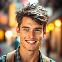 A strikingly handsome young man with an attractive smile, featuring a well-defined jawline and piercing blue eyes