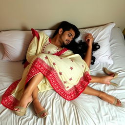 A sensual scene featuring a sexy Assamese woman with big breasts and a curvy figure romantically engaging with her boyfriend on a bed