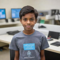 A 14-year-old dapper looking boy, sharply dressed in a T-shirt with the phrase 'I am Senura Angelo Dias. I love electronics' emblazoned on the back, deeply engrossed in programming a robot in a state-of-the-art electronics innovation lab.