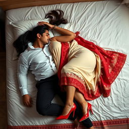 A sensual scene featuring a sexy Assamese woman with big breasts and a curvy figure romantically engaging with her boyfriend on a bed