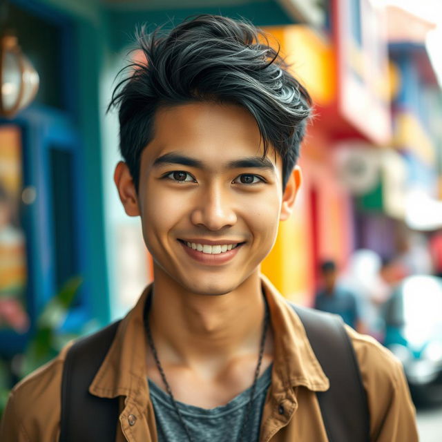 A strikingly handsome young Indonesian man with a charming smile, featuring strong facial features and expressive dark brown eyes