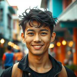 A strikingly handsome young Indonesian man with a charming smile, featuring strong facial features and expressive dark brown eyes