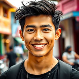 A strikingly handsome young Indonesian man with a charming smile, featuring strong facial features and expressive dark brown eyes