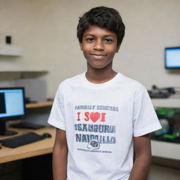 A 14-year-old dapper looking boy, sharply dressed in a T-shirt with the phrase 'I am Senura Angelo Dias. I love electronics' emblazoned on the back, deeply engrossed in programming a robot in a state-of-the-art electronics innovation lab.