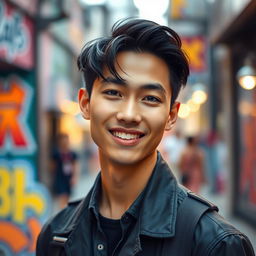 A strikingly handsome young Indonesian man with a charming smile, resembling a stylish Korean oppa