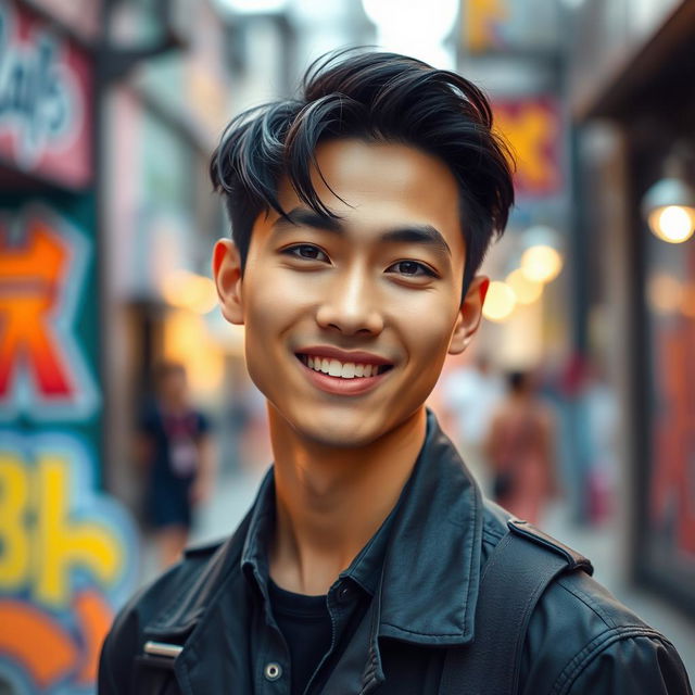 A strikingly handsome young Indonesian man with a charming smile, resembling a stylish Korean oppa