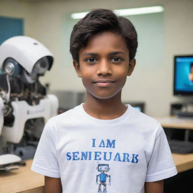 A 14-year-old dapper looking boy, sharply dressed in a T-shirt with the phrase 'I am Senura Angelo Dias. I love electronics' emblazoned on the back, deeply engrossed in programming a robot in a state-of-the-art electronics innovation lab.