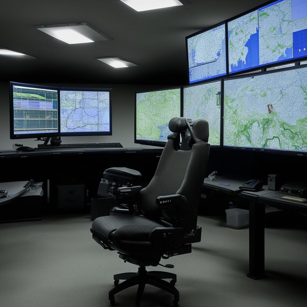 The command chair in the SWAT Control Room, a state-of-the-art, ergonomic piece of furniture designed for comfort during intense, priority-driven operations.