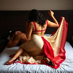 A seductive scene of an alluring Assamese woman with a voluptuous figure, featuring big breasts and a shapely backside, tenderly romancing her boyfriend on a bed