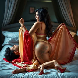 A seductive scene of an alluring Assamese woman with a voluptuous figure, featuring big breasts and a shapely backside, tenderly romancing her boyfriend on a bed