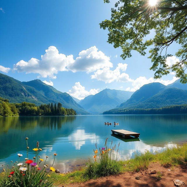 A tranquil scene of a peaceful lake oasis surrounded by lush greenery and majestic mountains