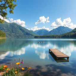 A tranquil scene of a peaceful lake oasis surrounded by lush greenery and majestic mountains