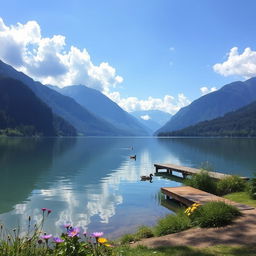 A tranquil scene of a peaceful lake oasis surrounded by lush greenery and majestic mountains