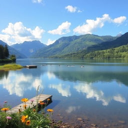 A tranquil scene of a peaceful lake oasis surrounded by lush greenery and majestic mountains