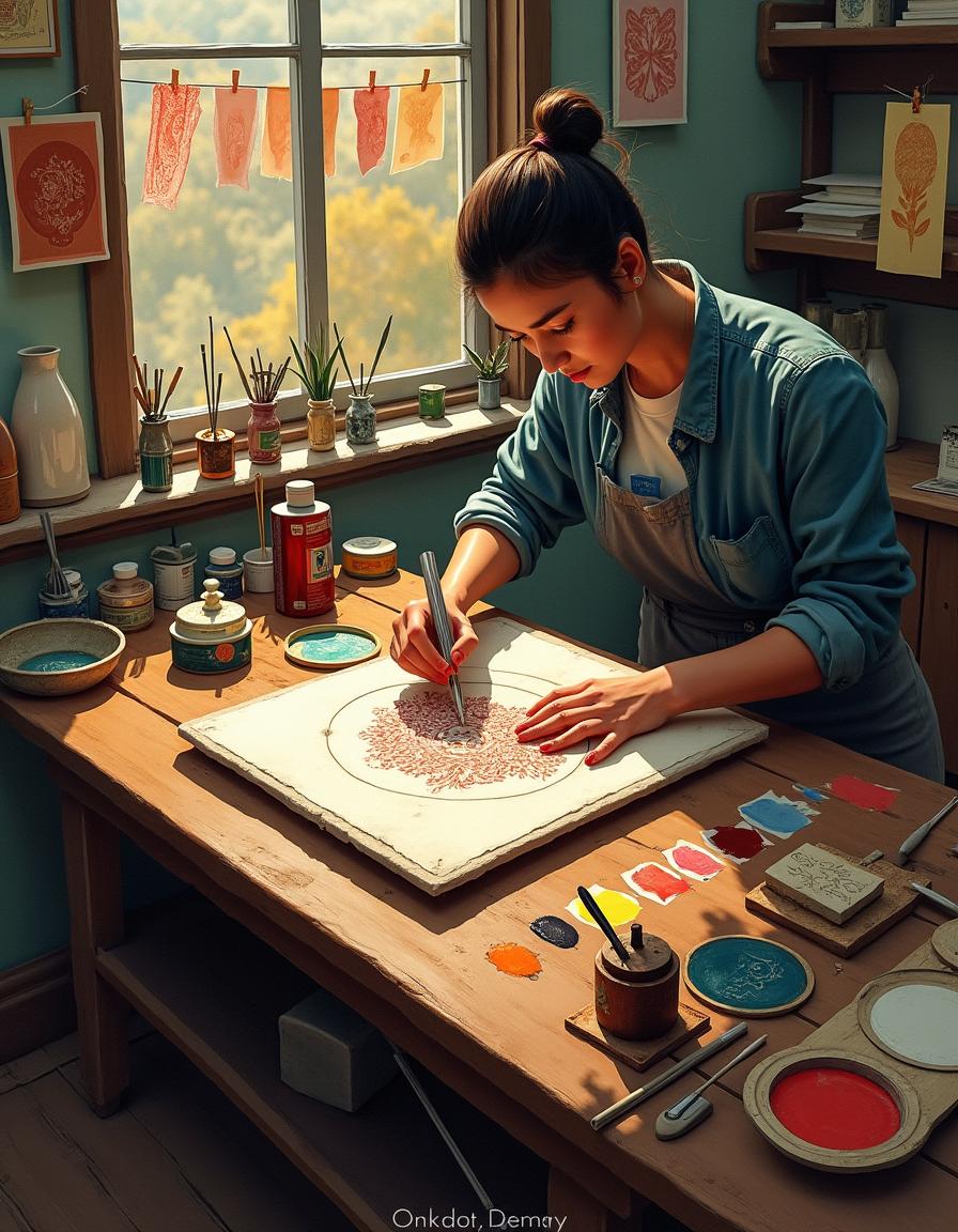 An artistic depiction of lithography in action, showcasing an artist skillfully transferring a design onto a stone plate using traditional tools