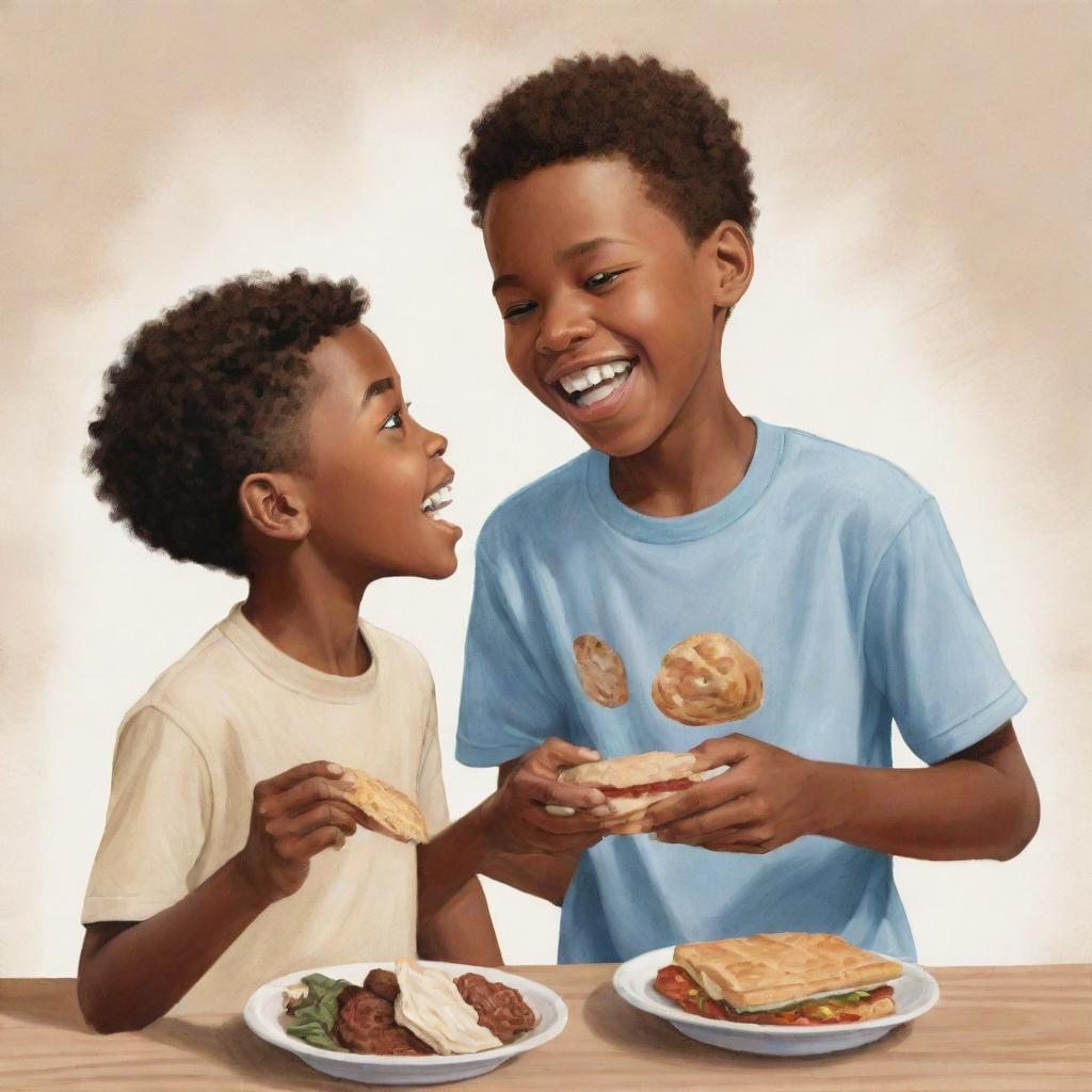 An uplifting illustration portraying a young African American boy and a white boy playfully trading food with each other, embodying a message of unity and shared joy.