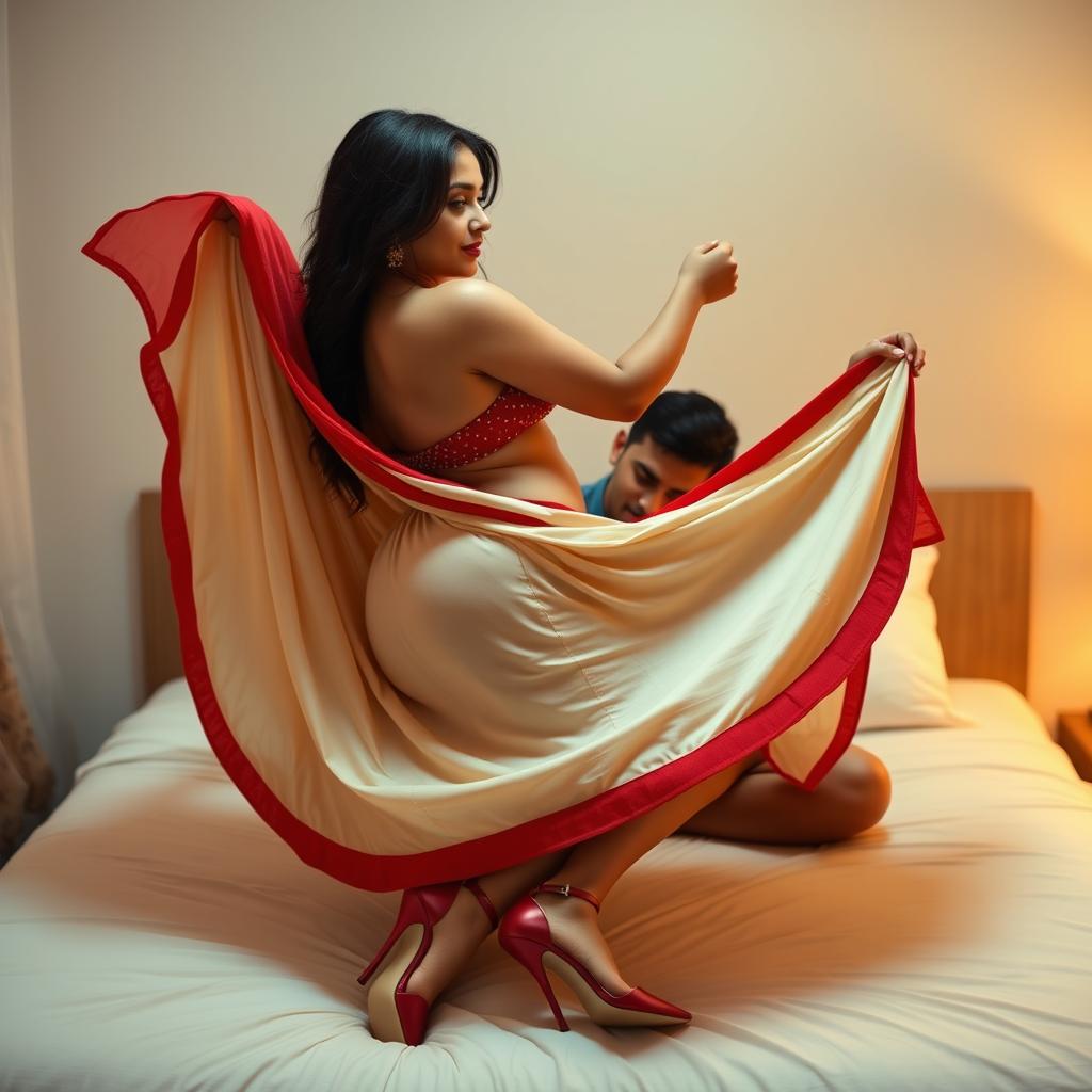 An intimate and sensual scene of an attractive Assamese woman with a curvy figure, big breasts, and a voluptuous backside, engaging playfully with her boyfriend on a bed