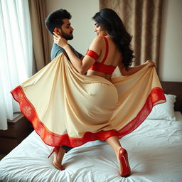 An intimate and sensual scene of an attractive Assamese woman with a curvy figure, big breasts, and a voluptuous backside, engaging playfully with her boyfriend on a bed