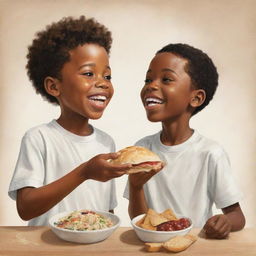 An uplifting illustration portraying a young African American boy and a white boy playfully trading food with each other, embodying a message of unity and shared joy.