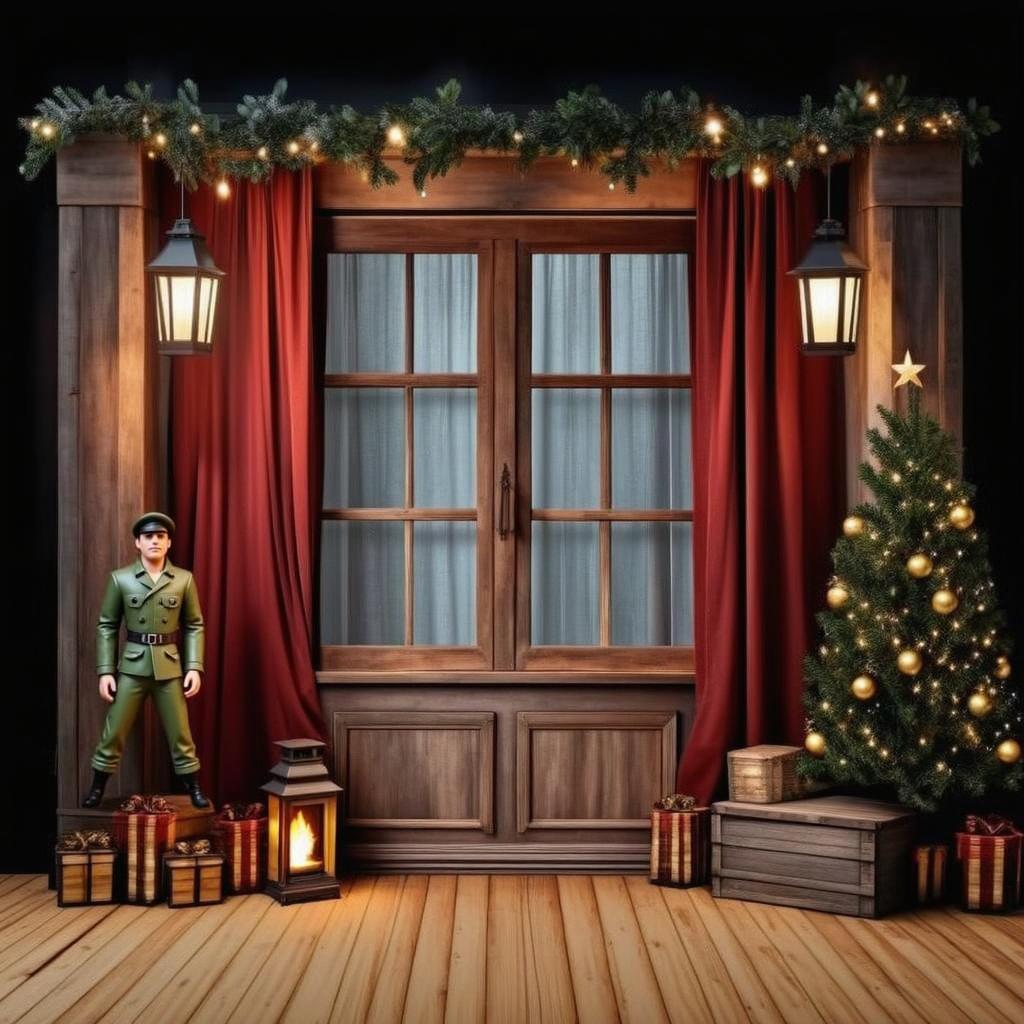 A cozy Christmas scene featuring a large wooden window with red curtains pulled to the sides, surrounded by a festive atmosphere