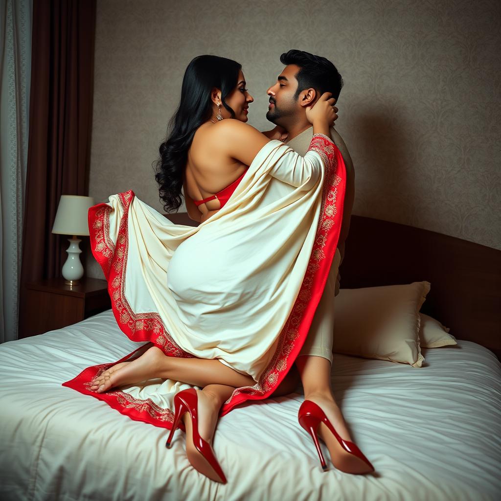 An intimate and alluring scene of a sexy Assamese woman with a curvy figure, large breasts, and a full backside, romantically engaging with her boyfriend on a bed