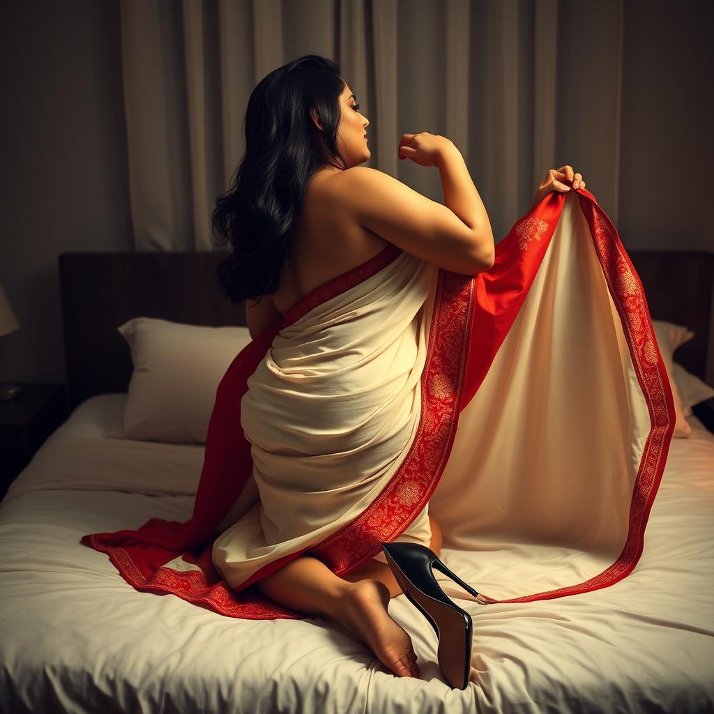 An intimate and alluring scene of a sexy Assamese woman with a curvy figure, large breasts, and a full backside, romantically engaging with her boyfriend on a bed