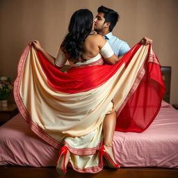 An intimate and alluring scene of a sexy Assamese woman with a curvy figure, large breasts, and a full backside, romantically engaging with her boyfriend on a bed