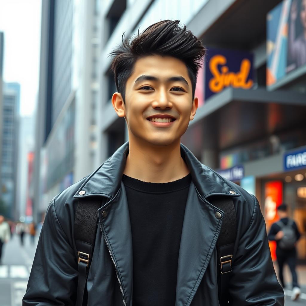 A handsome Korean man with stylish hair, wearing a trendy outfit, standing confidently against a modern urban backdrop