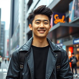 A handsome Korean man with stylish hair, wearing a trendy outfit, standing confidently against a modern urban backdrop