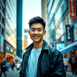 A handsome Korean man with stylish hair, wearing a trendy outfit, standing confidently against a modern urban backdrop