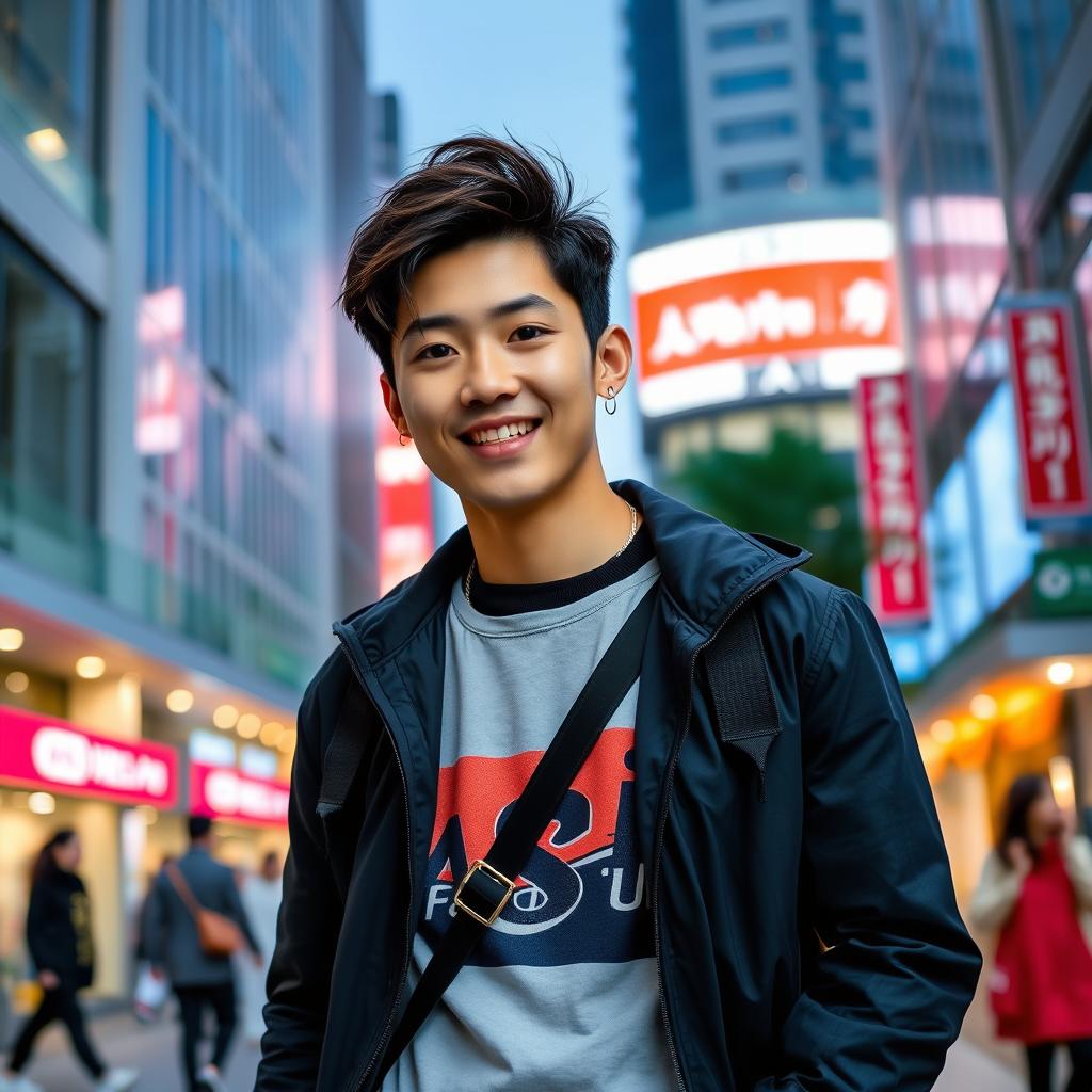 A handsome Korean man with stylish hair, wearing a trendy outfit, standing confidently against a modern urban backdrop