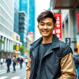 A handsome Korean man with stylish hair, wearing a trendy outfit, standing confidently against a modern urban backdrop