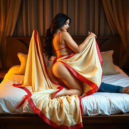 An alluring scene of an attractive Assamese woman with a curvy figure, large breasts, and a full backside, romantically engaging with her boyfriend on a bed