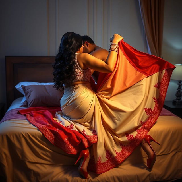 An alluring scene of an attractive Assamese woman with a curvy figure, large breasts, and a full backside, romantically engaging with her boyfriend on a bed