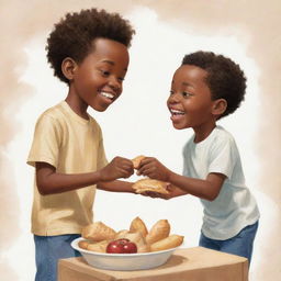 An uplifting illustration portraying a young African American boy and a white boy playfully trading food with each other, embodying a message of unity and shared joy.