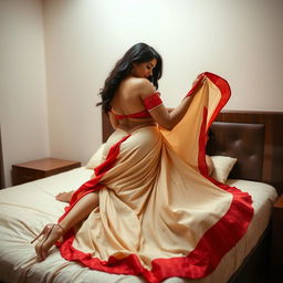 An alluring scene of an attractive Assamese woman with a curvy figure, large breasts, and a full backside, romantically engaging with her boyfriend on a bed