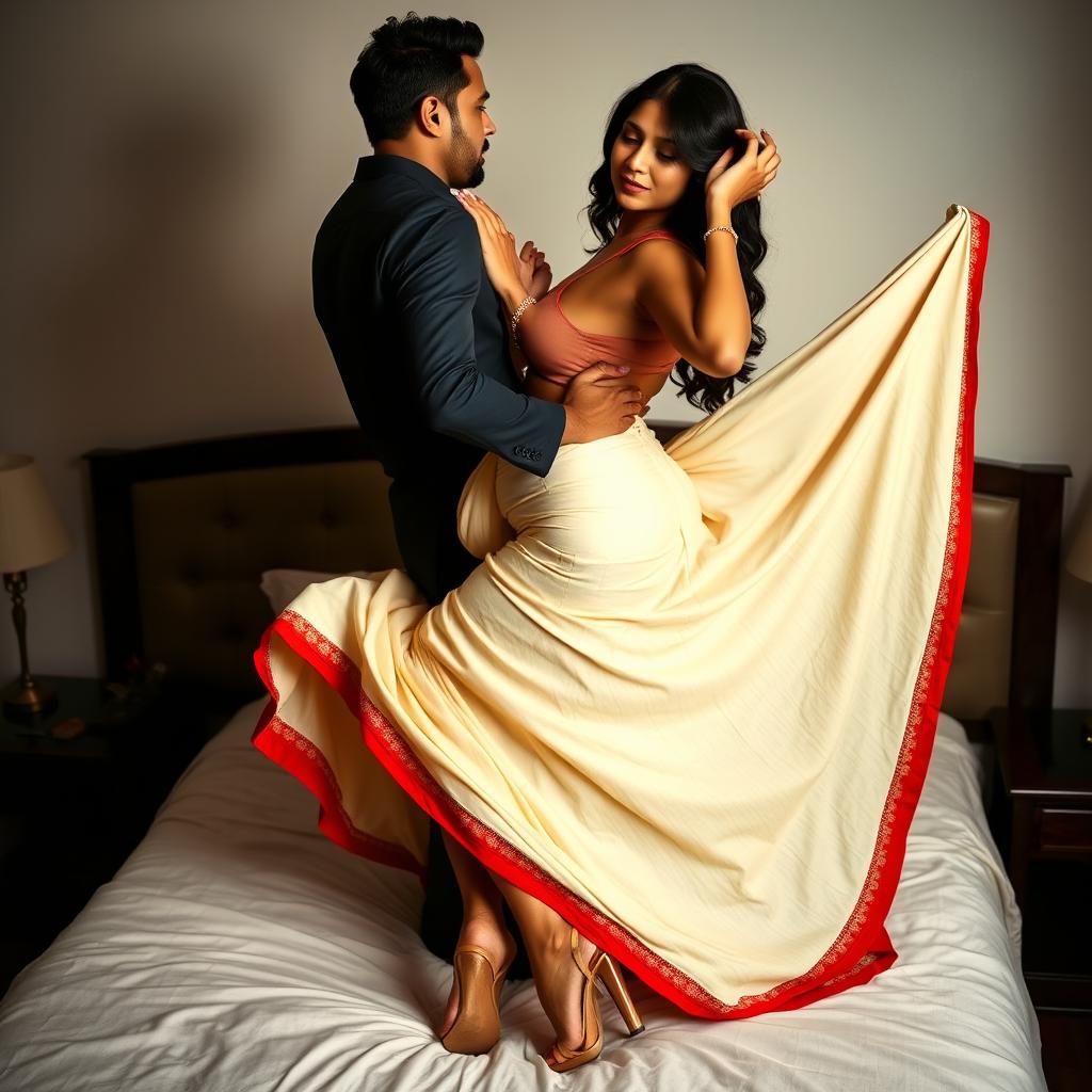 A captivating scene of a sexy Assamese woman with a curvy figure, large breasts, and a full backside, playfully engaging with her boyfriend on a bed