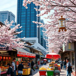 A vibrant street scene in South Korea during daytime, showcasing traditional Korean architecture alongside modern skyscrapers