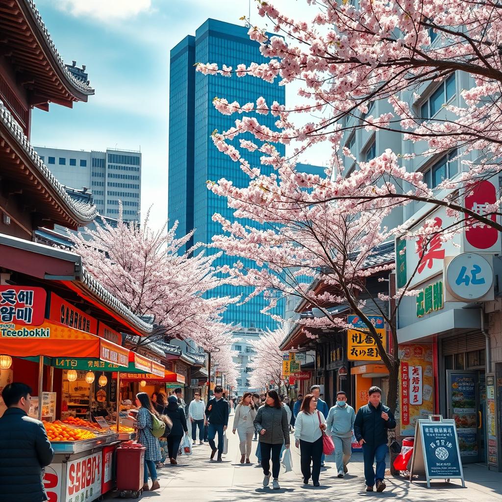 A vibrant street scene in South Korea during daytime, showcasing traditional Korean architecture alongside modern skyscrapers