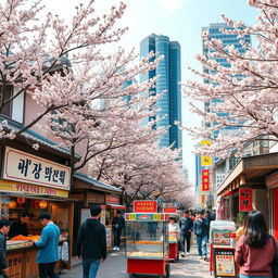 A vibrant street scene in South Korea during daytime, showcasing traditional Korean architecture alongside modern skyscrapers